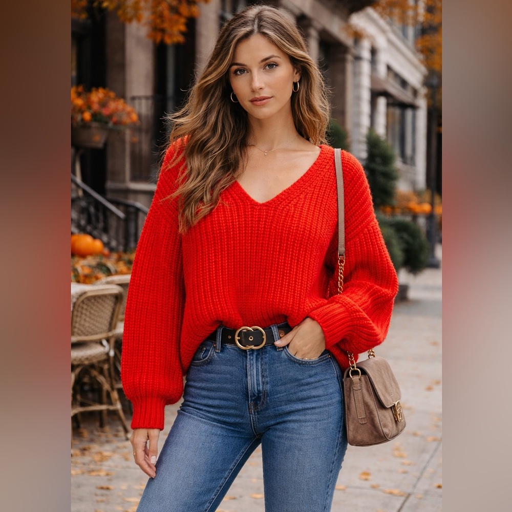 H&M Chunky Red Ribbed Knit Sweater Large Oversized Cozy Pullover